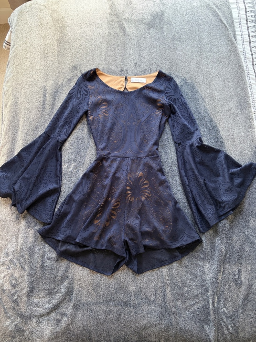 Endless Rose Navy Bell-Sleeve Lace Romper